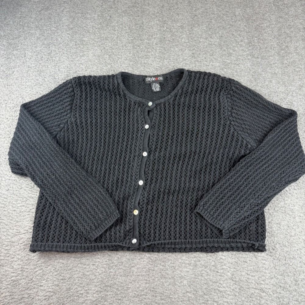 Style & Co Cardigan Women's L Black Open Knit Ramie Cotton Long Sleeve Button